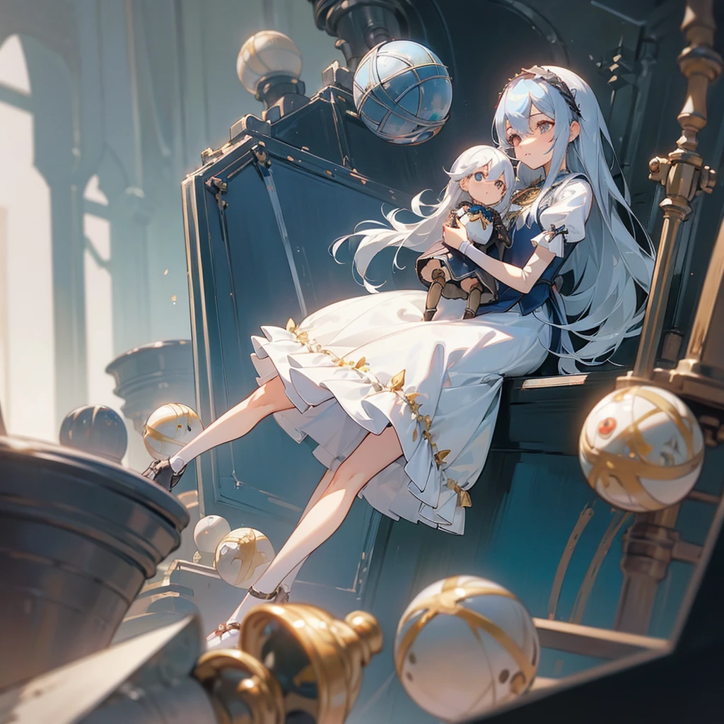 (mechanical doll), (1 girl), silver hair, Chrom eyes, long hair, thin eyebrows, young, alone, ****ta, childhood, child, short, (ball joint), (automata), dress, tiny, baby face, cel anime, Solo