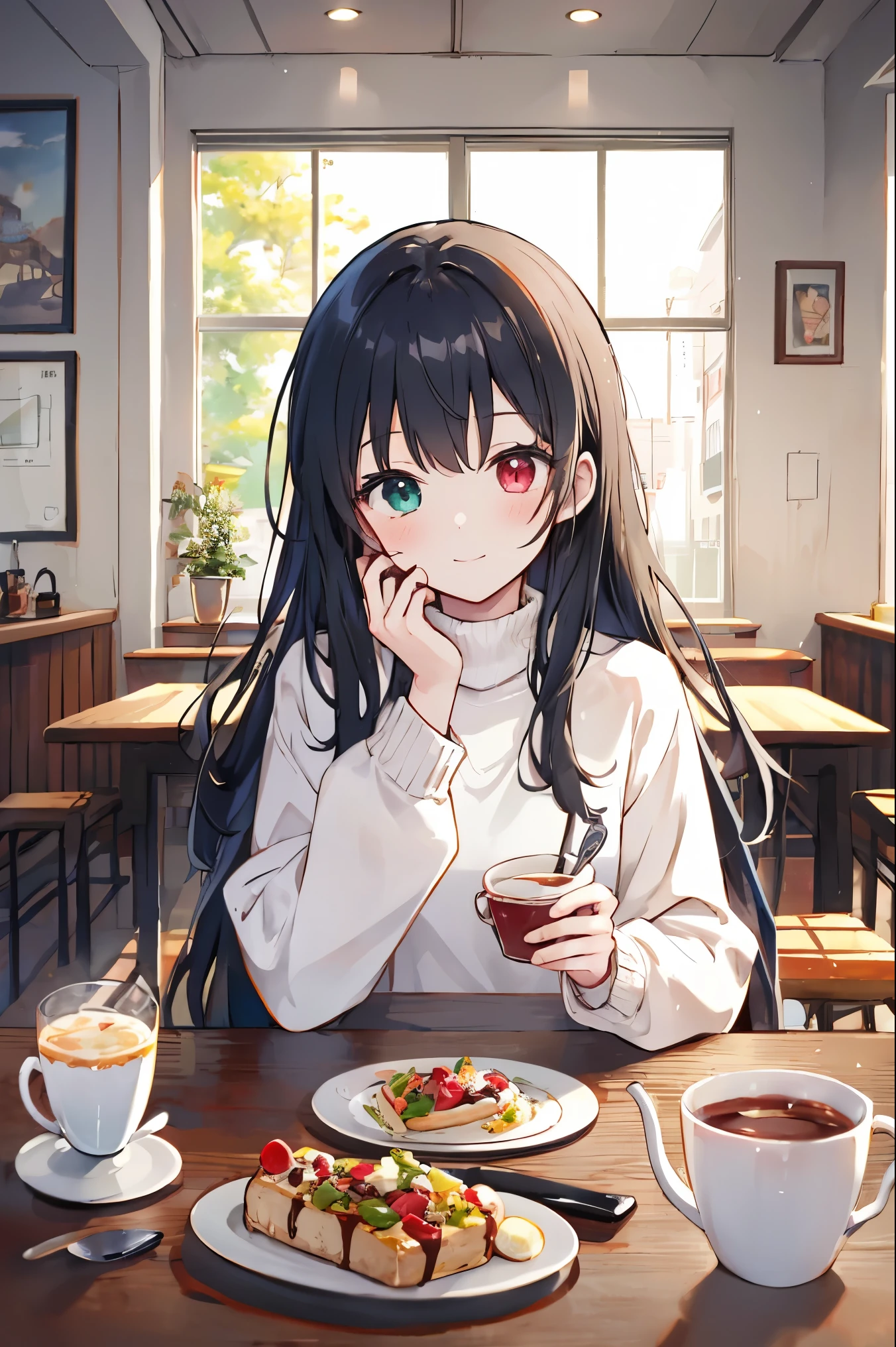 score_9,score_8_up,score_7_up,source_anime,,1girl,solo,KurumiBase,clock eyes,red eye,yellow eye,heterochromia,black hair,
medium breasts,
turtleneck sweater,long hair,
,CONCEPT_PovDating_ownwaifu,pov dating,pov across table,cup,smile,window,looking at viewer,upper body,indoors,cafe,spoon,sitting,teacup,parfait,food,ice cream,chair,saucer