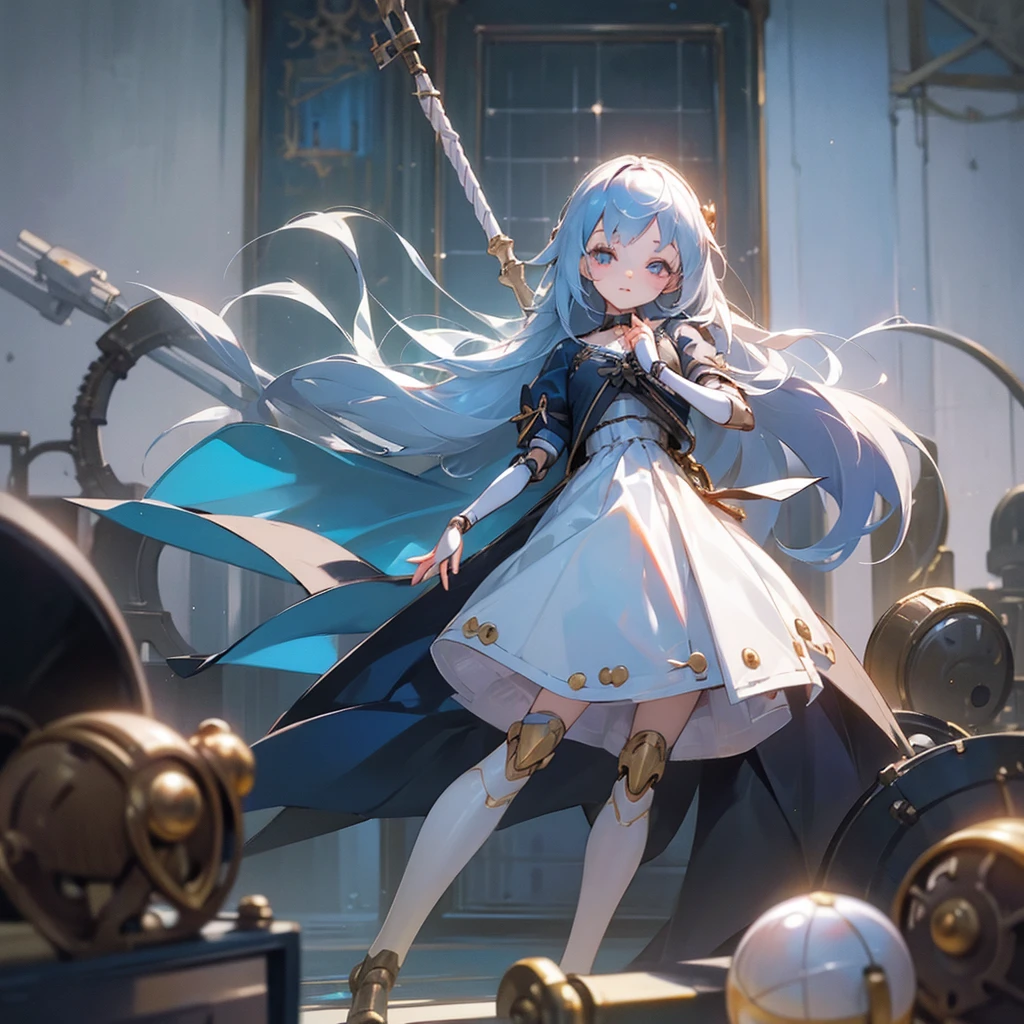 (mechanical doll), (1 girl), silver hair, Chrom eyes, long hair, thin eyebrows, young, alone, Lolita, childhood, , short, (ball joint), (automata), dress, tiny, baby  anime, Solo