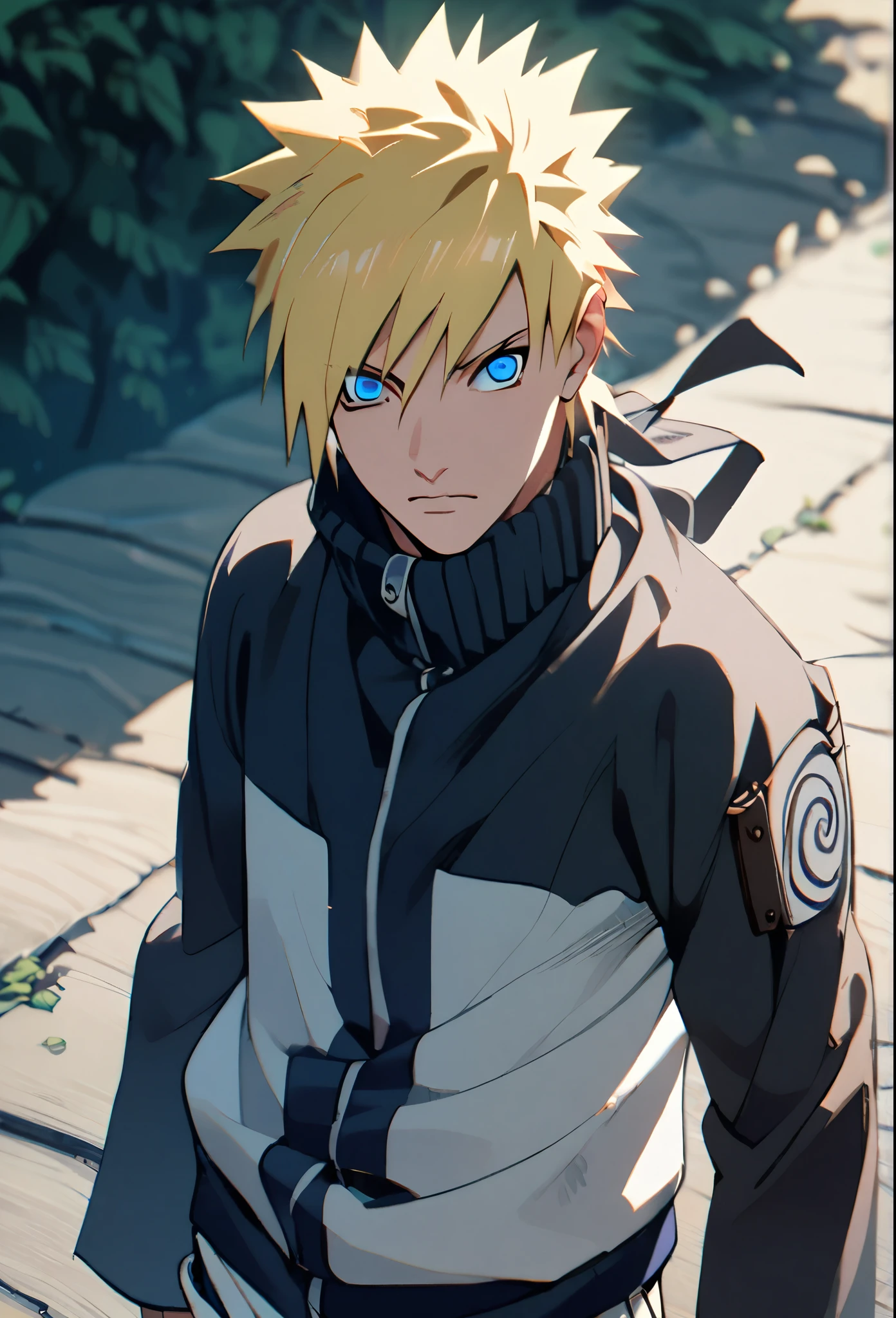 1boy, Alone, Naruto, Spiked hairstyle, Hair in front of the ears, blond, Blue eyes, ANBU clothing, shinobi, ninja, держит катану 