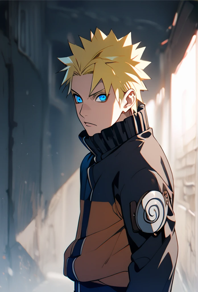 1boy, Alone, Naruto, Spiked hairstyle, Hair in front of the ears, blond, Blue eyes, ANBU clothing, shinobi, ninja, держит катану 