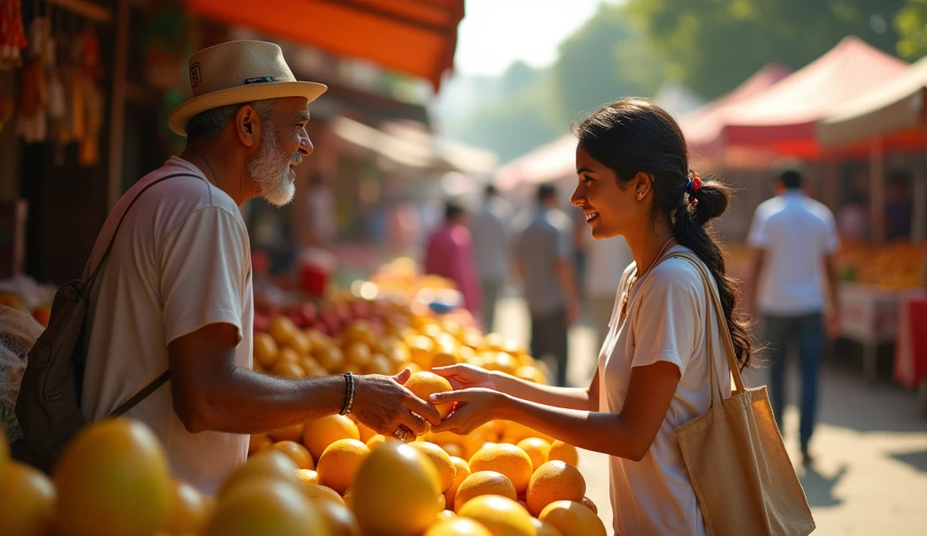 To listen to the happy guava and apple vendor's speech and take the guava from the child and together with a 9-year-old girl in 4k quality
