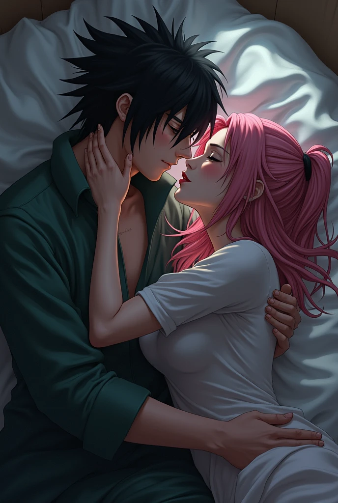 Sasuke Uchiha and Sakura Haruno laying in bed cuddling naked 