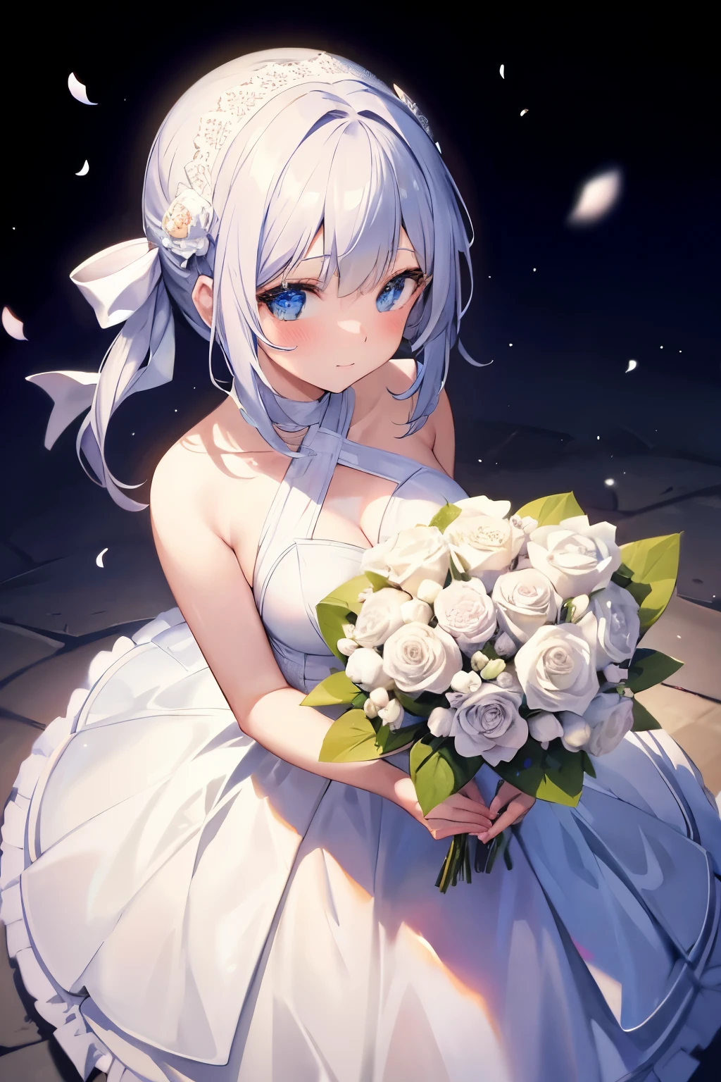 Beautiful 20 year old woman, Blushing, Big bouquet of white roses、present, Birthday celebration, (From top view:1.3)