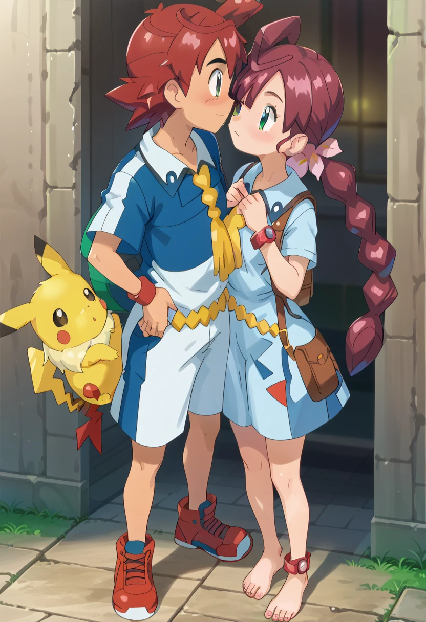 1 boy ash ketchum - pokemon x and y kiss 1 girl chloe cerise (pokemon) barefoot toes sole ankle bangle toes rings slime happy..