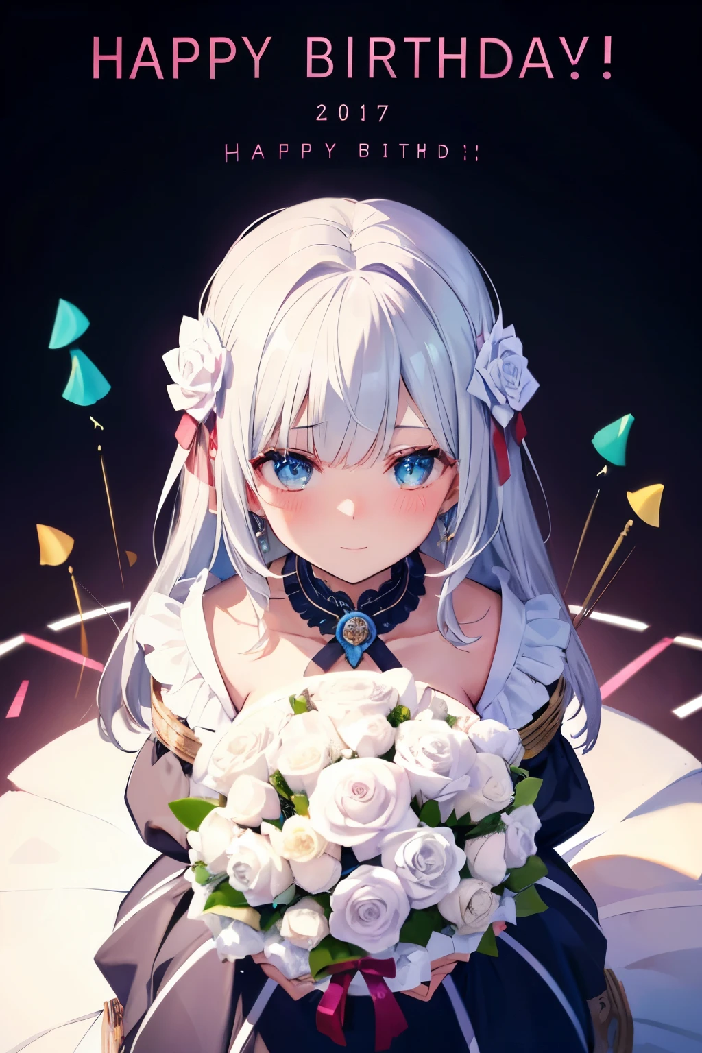 Beautiful 20 year old woman, Blushing, Big bouquet of white roses、present, Birthday celebration, text (HAPPY BIRTHDAY:1.5), (From top view:1.3)