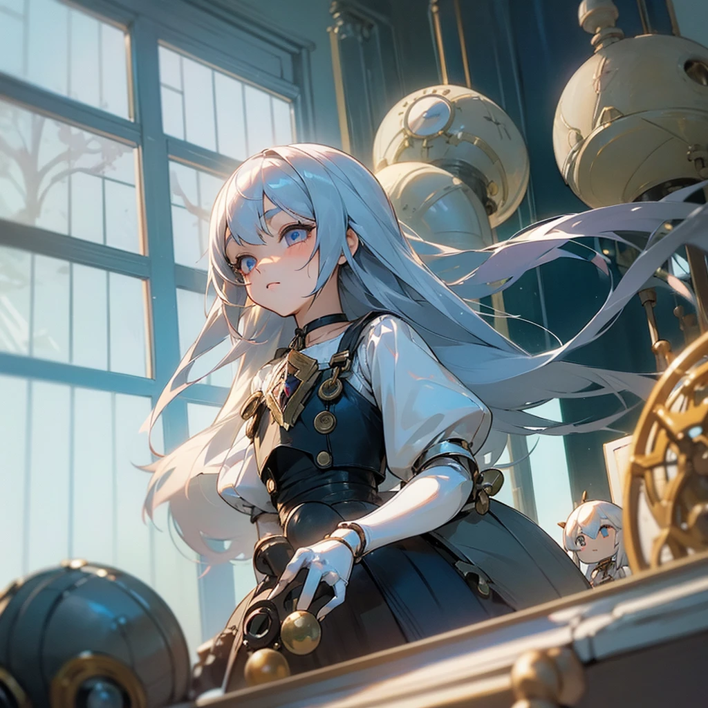 (mechanical doll), (1 girl), silver hair, Chrom eyes, long hair, thin eyebrows, young, alone, ****ta, childhood, child, short, (ball joint), (automata), dress, tiny, baby face, cel anime, Solo, upper body, half body photo