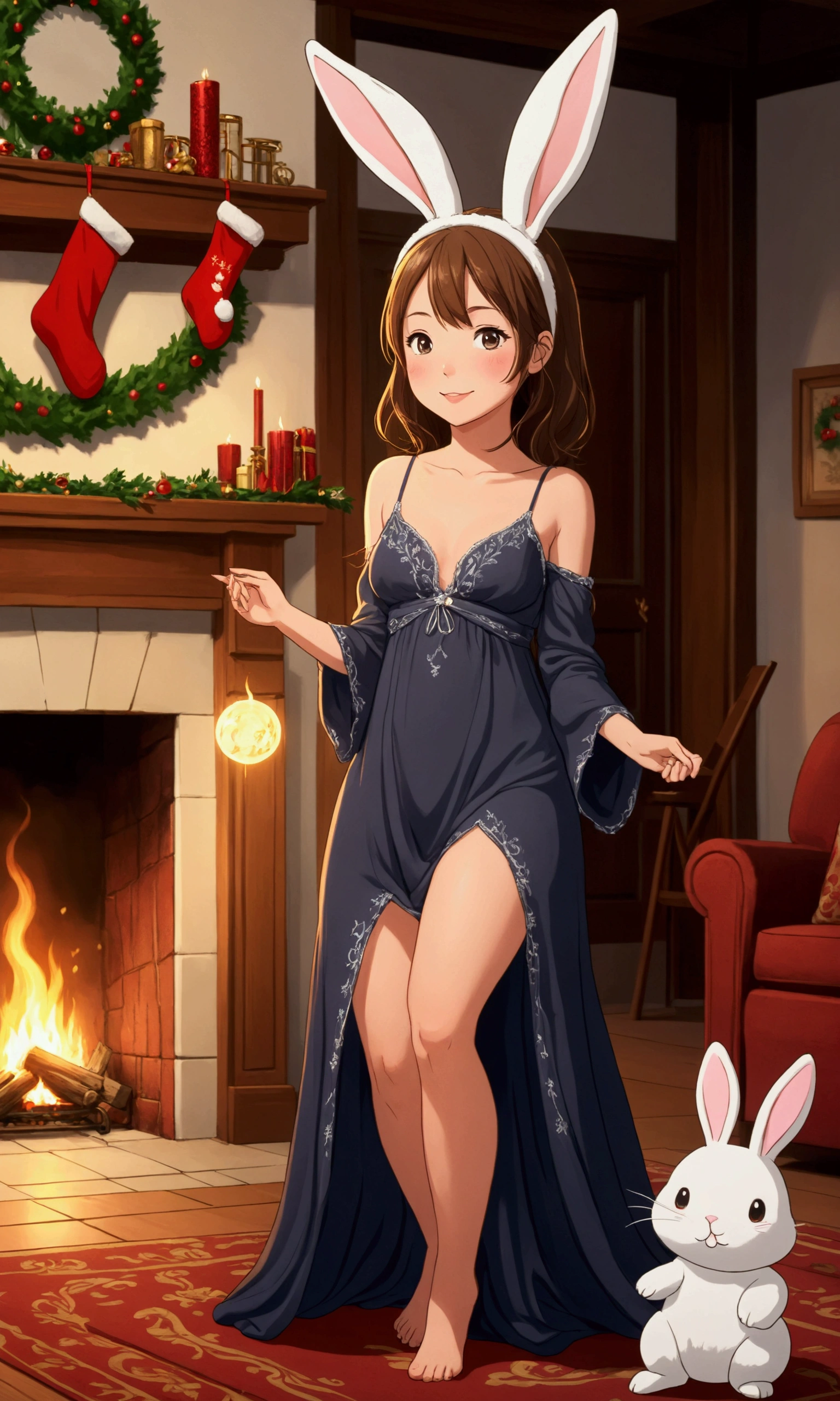 The Big Hero, Aunt Cass, (airy small colorful night gown, open, no underwear), christmas decorated living room, kneeling on a rug by the fireplace, playing with a fluffy bunny, sultry looks to viewer
