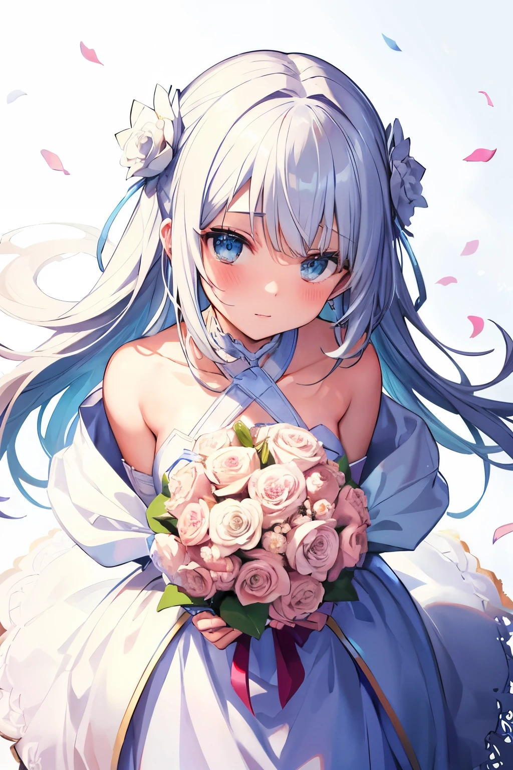 Beautiful 20 year old woman, Blushing, Big bouquet of white roses、present, Birthday celebration, (From top view:1.3)