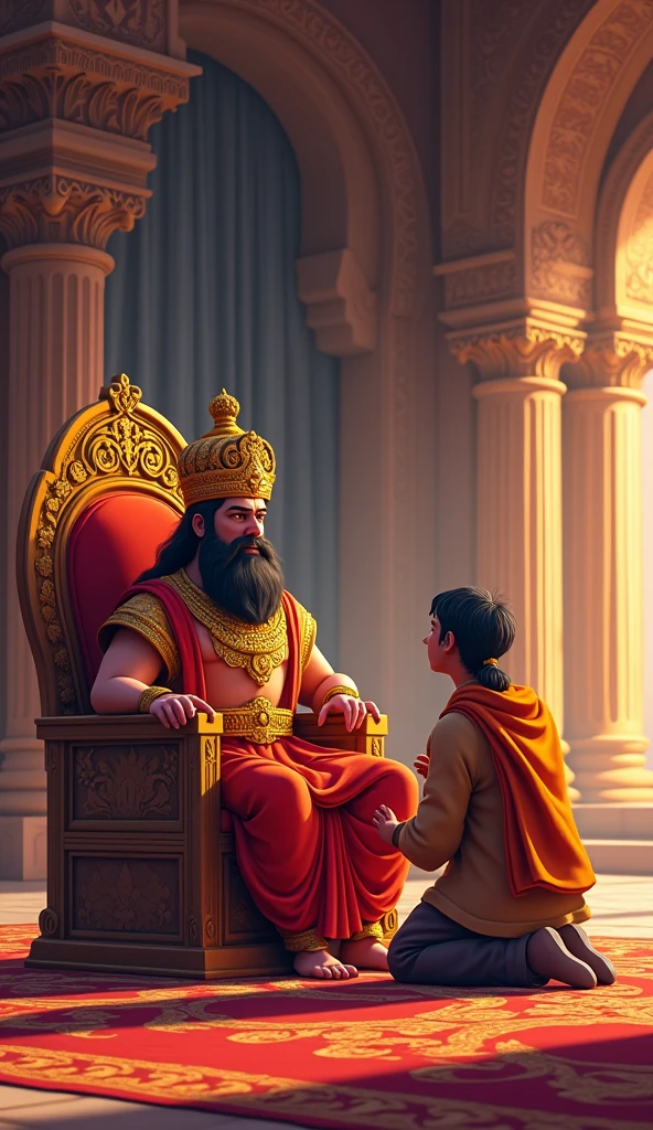 Generate in cinematic 3d Cartoon**A Vision Beyond Sight:** "Dhritarashtra, blind yet with a commanding presence, sits on his throne in a vast, dimly lit hall. Sanjaya, standing beside him, begins his narration. The faint outline of Kurukshetra is visible in the background, symbolizing the distance yet significance of the events about to unfold."