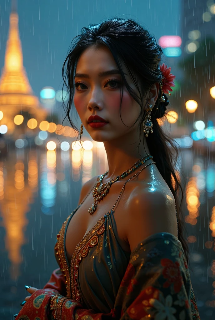 (8k, RAW photo, best quality, masterpiece:1.2), (realistic, photo-realistic:1.37),st. louis (luxurious wheels) (azur lane),1girl,(myanmar girl), (aegyo sal:1),hair ornament, portrait, (Myanmar traditional cloths:1.1), necklace, blue nails,cute,cityscape, night, rain, wet, professional lighting, photon mapping, radiosity, physically-based rendering, backgrounds SHWEDIGON Pagoda