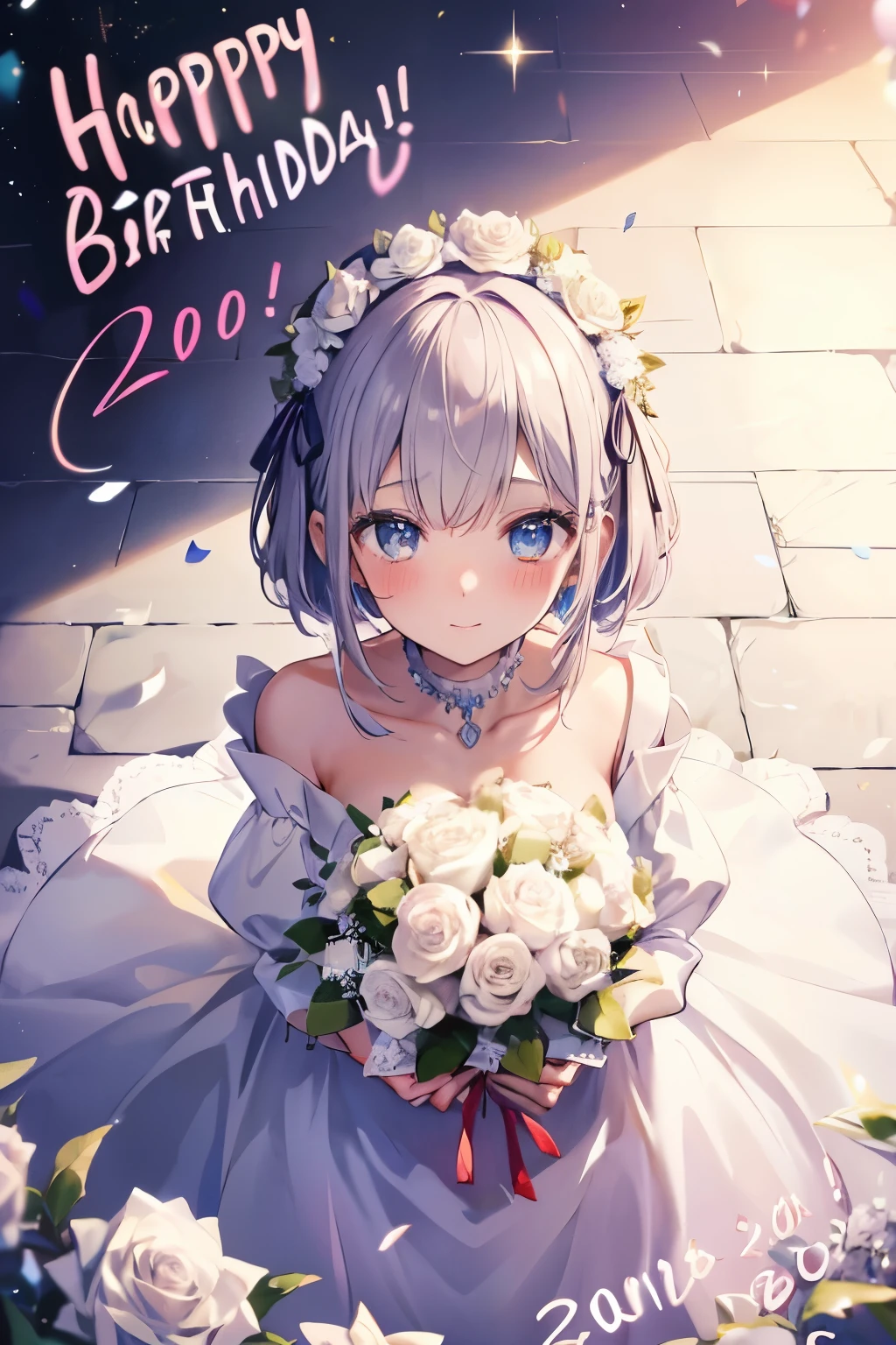 Beautiful 20 year old woman, Blushing, Big bouquet of white roses、present, Birthday celebration, text (HAPPY BIRTHDAY:1.5), (From top view:1.3)