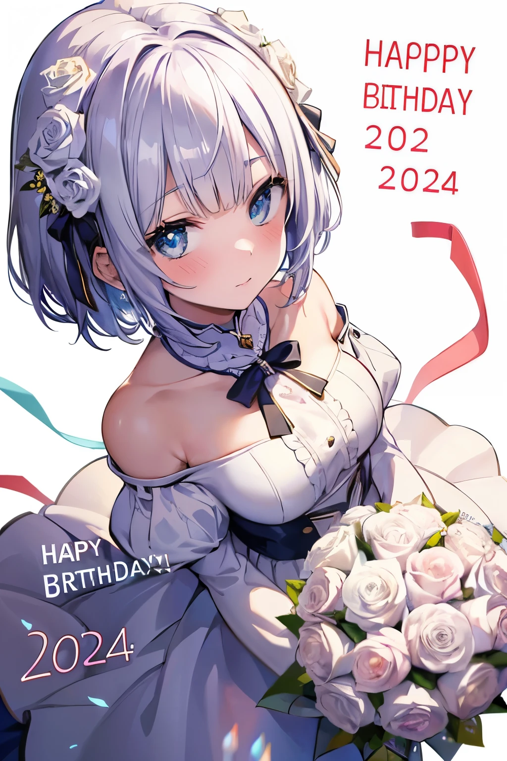 Beautiful 20 year old woman, Blushing, Big bouquet of white roses、present, Birthday celebration, text (HAPPY BIRTHDAY 2024:1.5), (From top view:1.3)