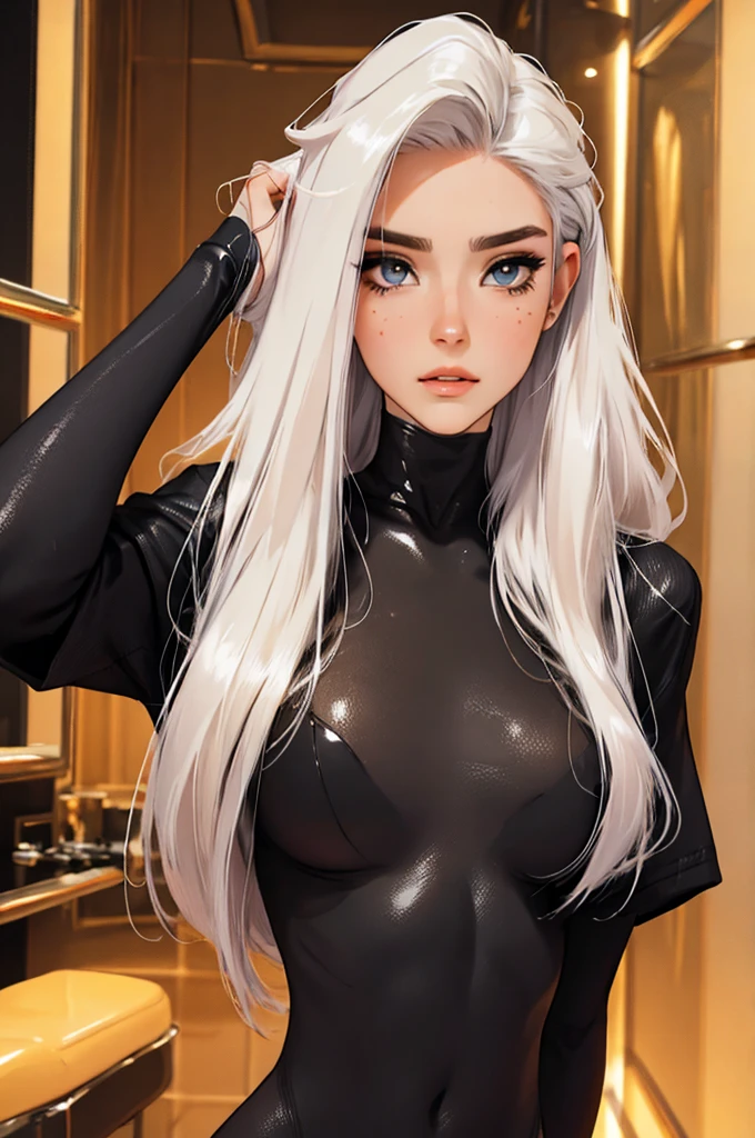 photorealistic, high resolution, 1 women, solo, hips_up, hips up, beautiful eyes,dark makeup, influencer, thot, blush,  look at viewer, close lips, detailed face, white hair, long hair,, , (black and gold bodysuit, futuristic), shiny skin, wet skin, slender body, dark makeup, abs, slender, hair pushed back in front, slim body, tsunami hair