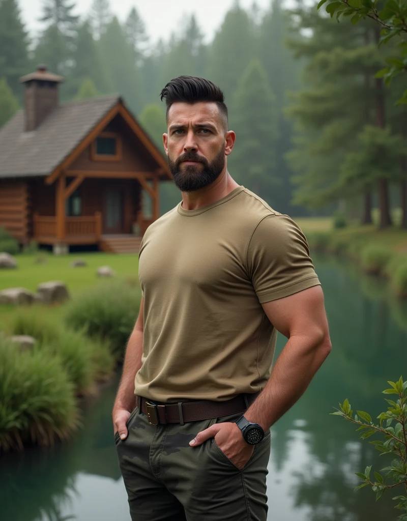 Masterpiece, Best Quality, High resolution, (1 chico:1.4), hiker, in hiking clothes, in hiking shirt and pants, male focus, focus alone, tanned skin, 38-year-old man in forest, muscular, strong, furry, masculine, in the forest, natural lighting, amazing composition, front view, HDR, volumetric lighting, (plano general, FROM THE FRONT:1.2) (GS-Macho :1.5) (magnificent landscape:1.2), macho, thick forearms, thick arms, huge thighs, charming smile with teeth, winking at camera, raunchy, scruff