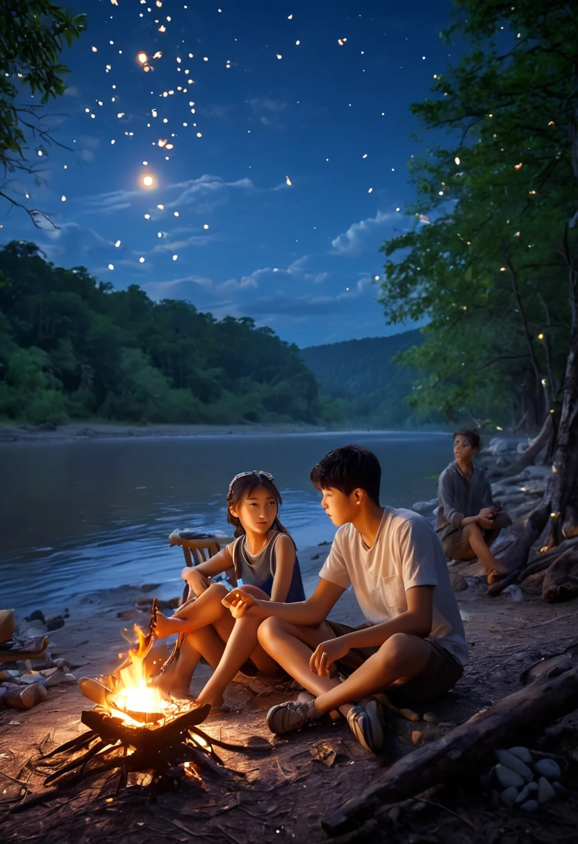 A boy(20 years old, full body, sitting pose ) and a girl(1, full body, sitting position) sitting near the campfire. A tante in front of a forest (bark, bright, lighting of fireflies, and other creatures, ), moon light, beautiful sky and moon, a river near the camp, the moon light reflected like mirror from the surface of the river, both boy and girl listen to music by the radio, and 2 cooked fish in their hands, anime wallpaper (high details, HD image, best quality, master peace, night and beautiful nature, 4k quality image)