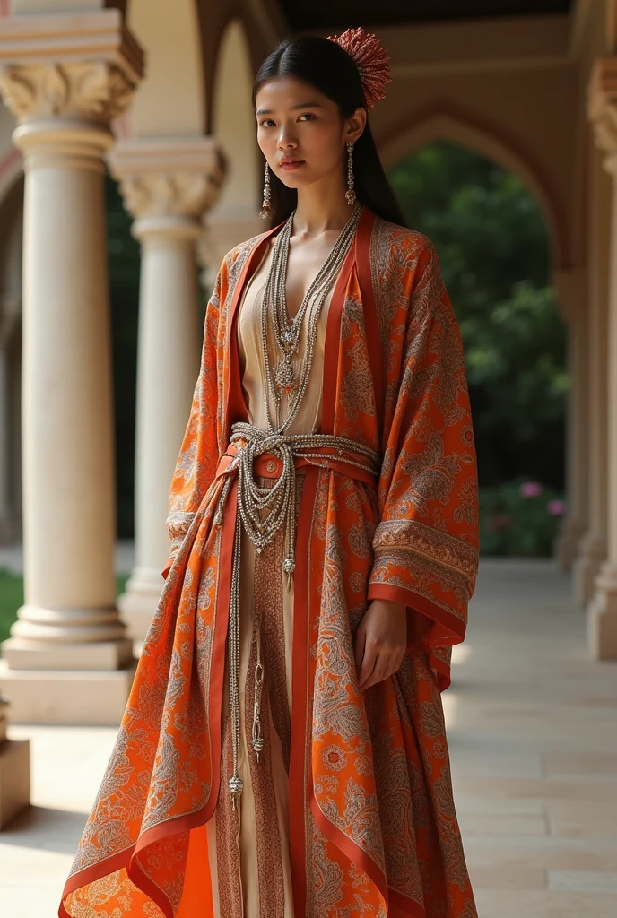 " a (full-length) illustration (walking) in a soft style that mixes realism and watercolor of a young woman with an introspective and serene expression. She is to be depicted with long, wavy hair in glossy black tones, which fall gently over her shoulders. The young woman wears a romantically inspired outfit embroidered with detailed patterns and crimson tones, including an orange and crimson colored shawl that partially covers her head. clear, expressive eyes that capture the viewer's gaze. The color palette should include warm tones that complement the style and calm atmosphere of the image. detailed matte painting, deep colors, fantastical and intricate details, splash screen, complementary colors, concept art. fantasy, 8k resolution, trending on Artstation Unreal Engine 5"