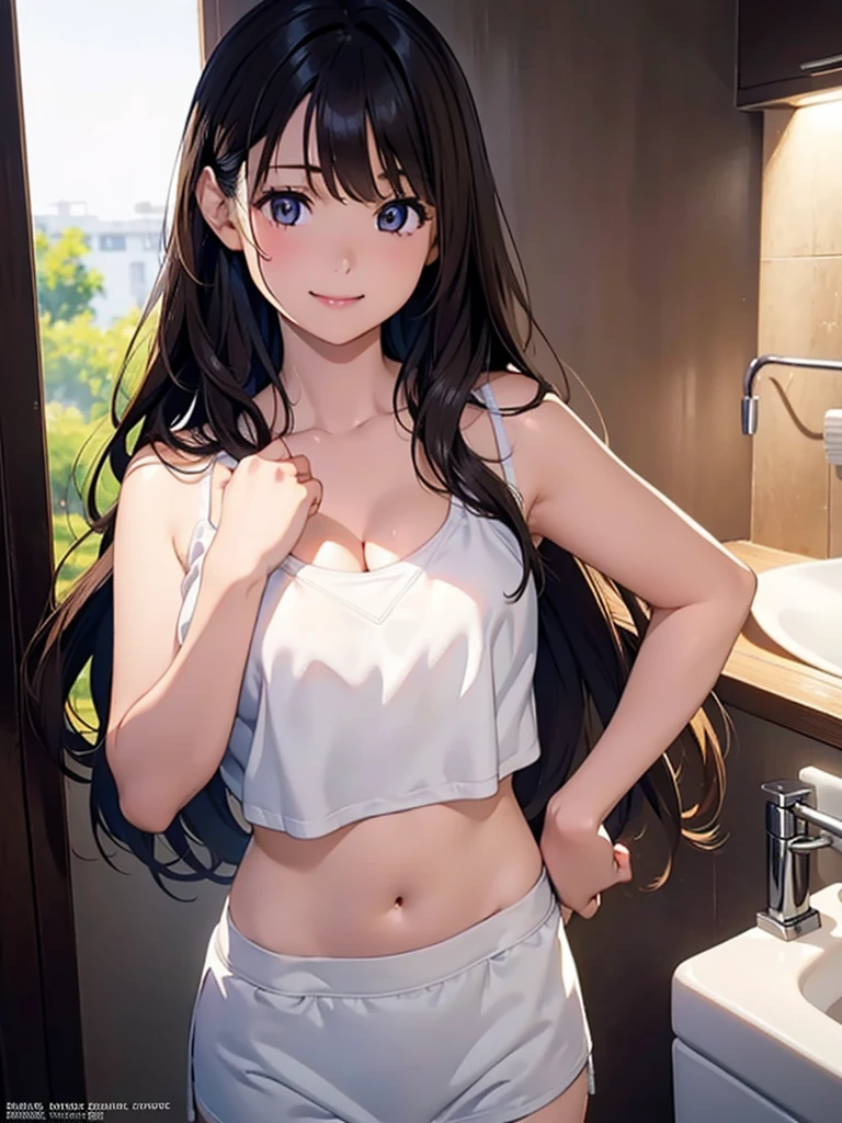 Beautiful girl in a flowered camisole embarrassed by being seen semi-naked in a room, anime girl, big rounds breasts, (pink camisole with short sleeves and lace, white panties), full of sweat, flirty panties, dark brown hair, gradient hair, bangs, shoulder-length bangs, long hair, wavy hair, swept bangs, shiny hair, red hairband, aqua eyes, glowing eyes, pupils sparkling, embarrassed, blush, tongue, open mouth, flustered, upper teeth, beautiful thighs, thin legs, small waist, perfect body, high detail, anime, chiaroscuro, dithering, outside border, three-quarter view, from below, perspective, panorama, Wide-Angle, f/1.8, 85mm, Sony FE, 8k, super detail, UHD, retina, masterpiece, accurate, anatomically correct, textured skin, highres, best quality, 16k,