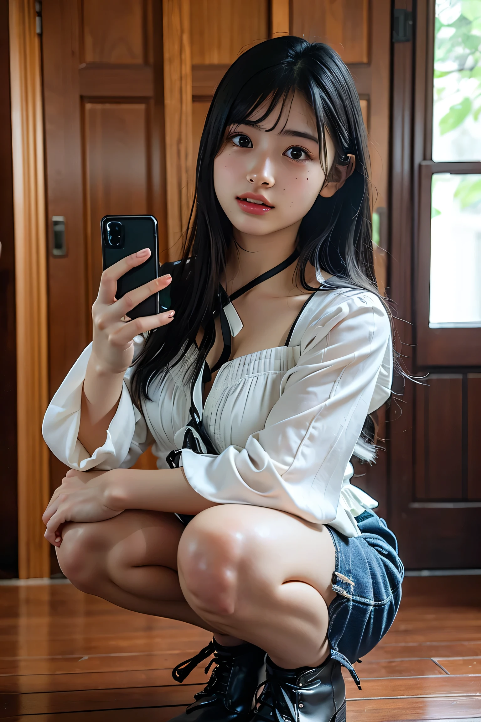 (8k,RAW photo、RAW photo、highest quality、master masterpiece:1.2)、Super detailed、super resolution、(Photoreal:1.3)、((shot the cowboy from below:1.4))、Clearly depicts the shadows of light、High resolution RAW color photos、professional photos、((sit showing white panties:1.4))、((sitting in a chair in the laboratory:1.4))、((High school girl making a call on a smartphone:1.4))、I draw it faithfully to the anatomy..、((slim woman:1.4))、very detailed and beautiful、super high quality、((Girl with short cut hair:1.4))、beautiful girl、((A girl wearing a white short-sleeved off-shoulder shirt:1.4))、((Sit with your white pants visible:1.4))、((Short sleeve white off shoulder chiffon dress:1.4))、((A woman wearing a chiffon miniskirt that emphasizes her thighs.:1.4))、Upper body、((girl holding a smartphone to her ear:1.4))、((crying face:1.4))、