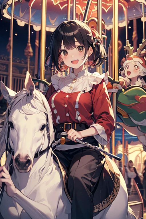 (((masterpiece))), (((best quality))), (((from side))), ((riding carousel)), ((leaning forward)), ((multiple girls)), sitting astride, dress, off shoulder, parted lips, sweat, wind, night, neon light, starry sky, cloudy sky, party balloon, ferris wheel, amusement park, cleavage, big tits, shy, blush, slim figure, <lora:girllikecarousel:0.8>