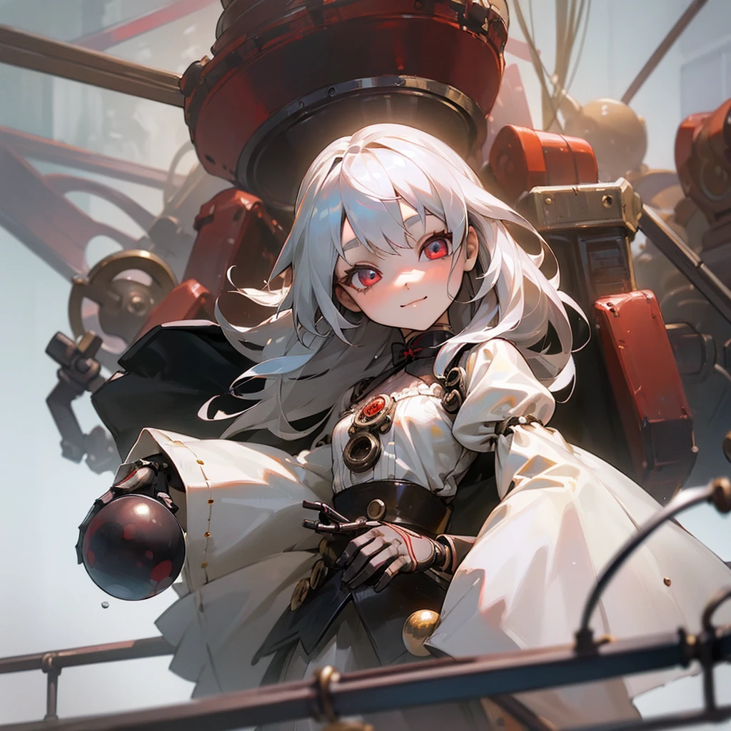 (mechanical doll), (1 girl), silver hair, Crimson eyes, long hair, thin eyebrows, young, alone, ****ta, childhood, child, short, (ball joint), (automata), dress, tiny, baby face, mild smile, cel anime, Solo, upper body, half body photo