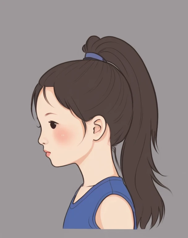 chibi face avatar, a Vietnamese girl, three quarter view face, portrait, ponytail long hair, 3/4 view face. Corner view of face 