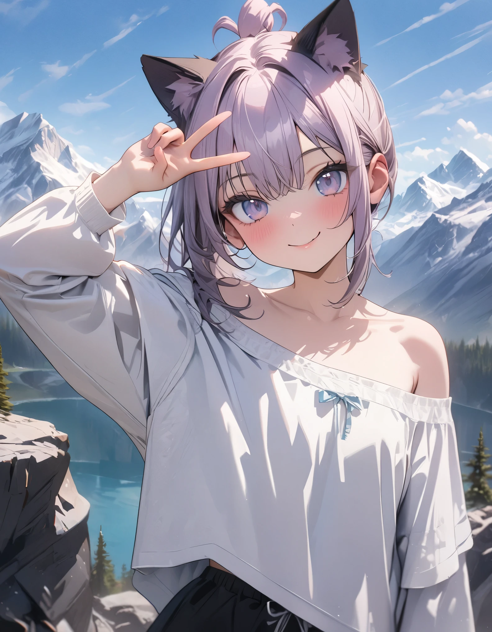 ((Nekomata okayu)), ((Masterpiece)), ((best quality)), (Anime:1.3), (super detail:1.2),(High Definition:1.3), (Professional Photography:1.2), (sharp focus), (perfect light),from above, (wide shot), Textured skin, 1girl, (Cute teenage beautiful Girl), ((loose white buttoned shirts)), undress buttoned shirts, (exposed Beautiful medium breast), (exposed cute nipple), (looking at viewer), (Beautiful daiamond eyes:1.3), glitter eyes, (put on cat ears), Pale purple hair, medium hair, blush, (naughty smile), (Open mouth wide), Slender body, medium breasts, Glossy lips, slighty exposed Beautiful thigh, BREAK, ((Masterpiece)), ((best quality)), (super detail:1.2), (spoken heart), (extend arms in front), sitting on the edge of great rock, (Beautiful Mountains Background,), NEKOMATA_OKAYU(HOLOLIVE), cat_ears, beautiful_purple_eyes, (multicolored_eyes), 1_beautiful_girl, cute_face, perfect_quality, perfect_anatomy, ahoge,