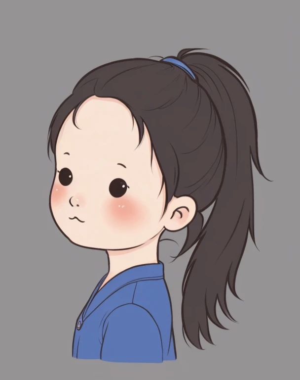 chibi face avatar, a Vietnamese girl, three quarter view face, portrait, ponytail long hair, 3/4 view face. Corner view of face 