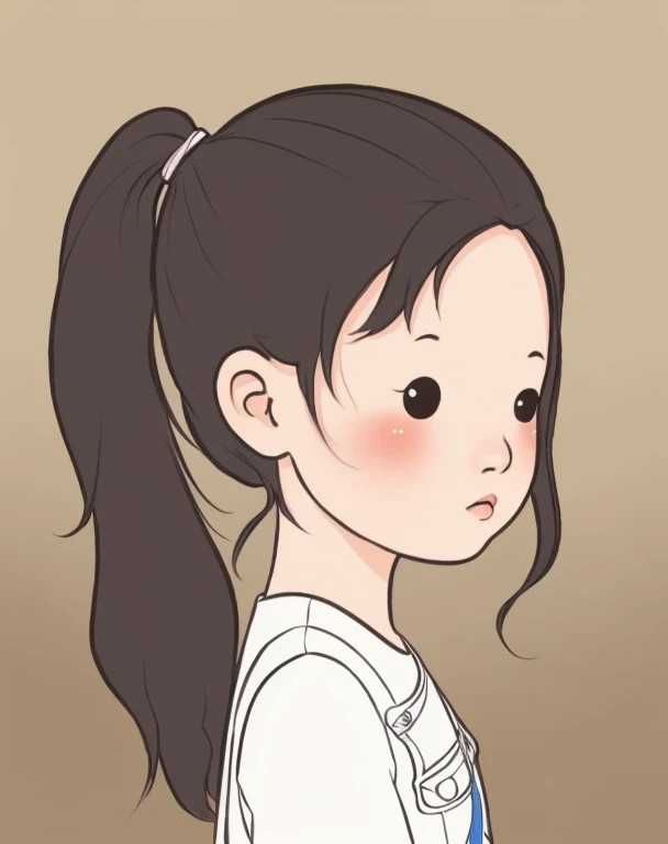 chibi face avatar, a Vietnamese girl, three quarter view face, portrait, ponytail long hair, 3/4 view face. Corner view of face 