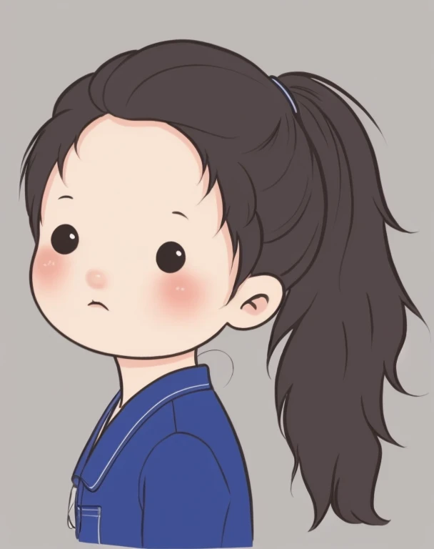 chibi face avatar, a Vietnamese girl, three quarter view face, portrait, ponytail long hair, 3/4 view face. Corner view of face 