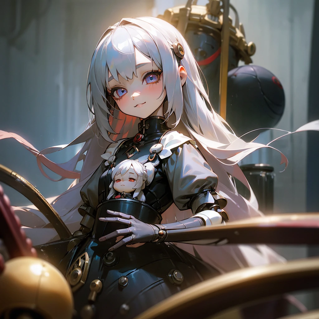 (mechanical doll), (1 girl), silver hair, Crimson eyes, long hair, thin eyebrows, young, alone, Lolita, childhood, , short, (ball joint), (automata), dress, tiny, baby d smile, cel anime, Solo, upper body, half body photo