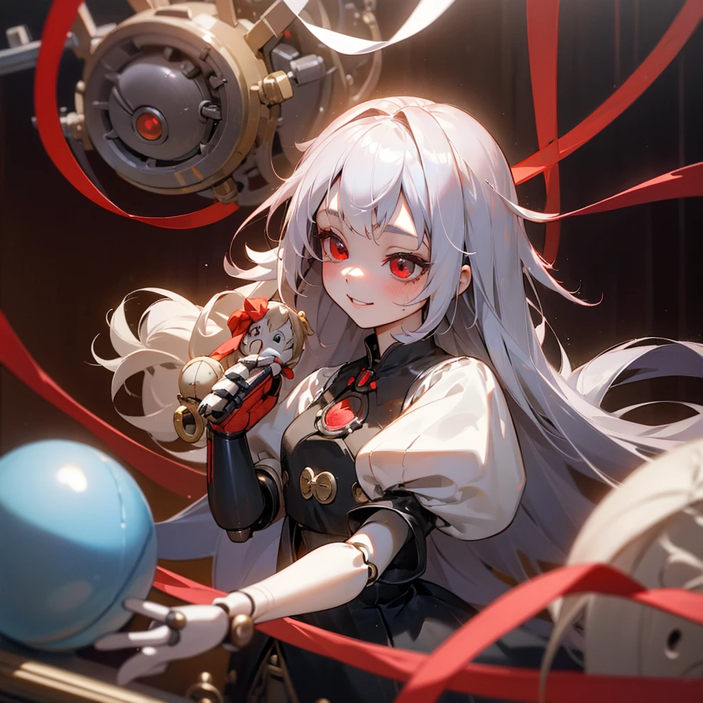 (mechanical doll), (1 girl), silver hair, red eyes, long hair, thin eyebrows, young, alone, ****ta, childhood, child, short, (ball joint), (automata), dress, tiny, baby face, smile, cel anime, Solo, upper body, half body photo