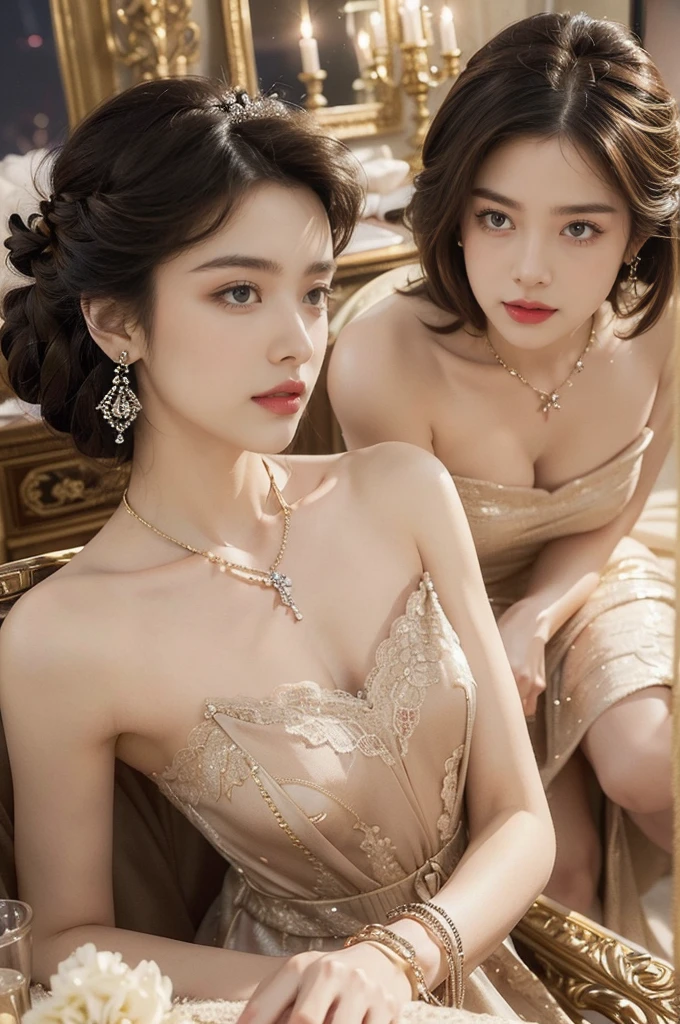 a beautiful woman in a traditional chinese cheongsam dress, delicate makeup, Ye Wen, 2 3 years old, round face, cute features, gold tiara, pearl necklace, jade hairpin, (best quality,4k,8k,highres,masterpiece:1.2),ultra-detailed,(realistic,photorealistic,photo-realistic:1.37),highly detailed face and eyes, intricate dress patterns, warm lighting, vibrant colors, cinematic composition