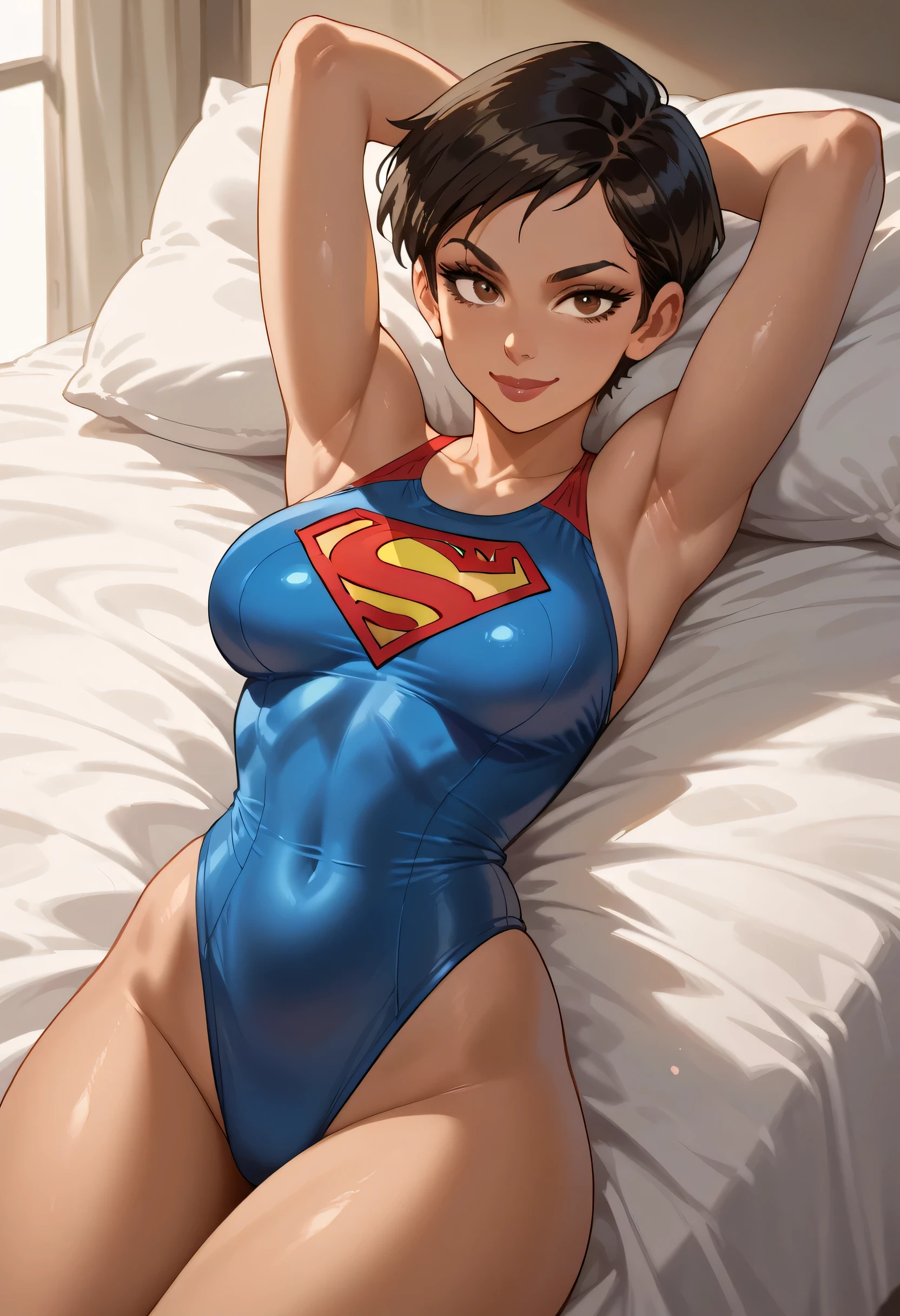 1 hot girl, brown skin, lois lane, brown eyes, beautiful smile. swimsuit, gorgeous, short hair, tomboy, makeup, young teen, black hair, large breasts, superman clothing, hands behind head, armpits, tight body, in bed, on her back, lying