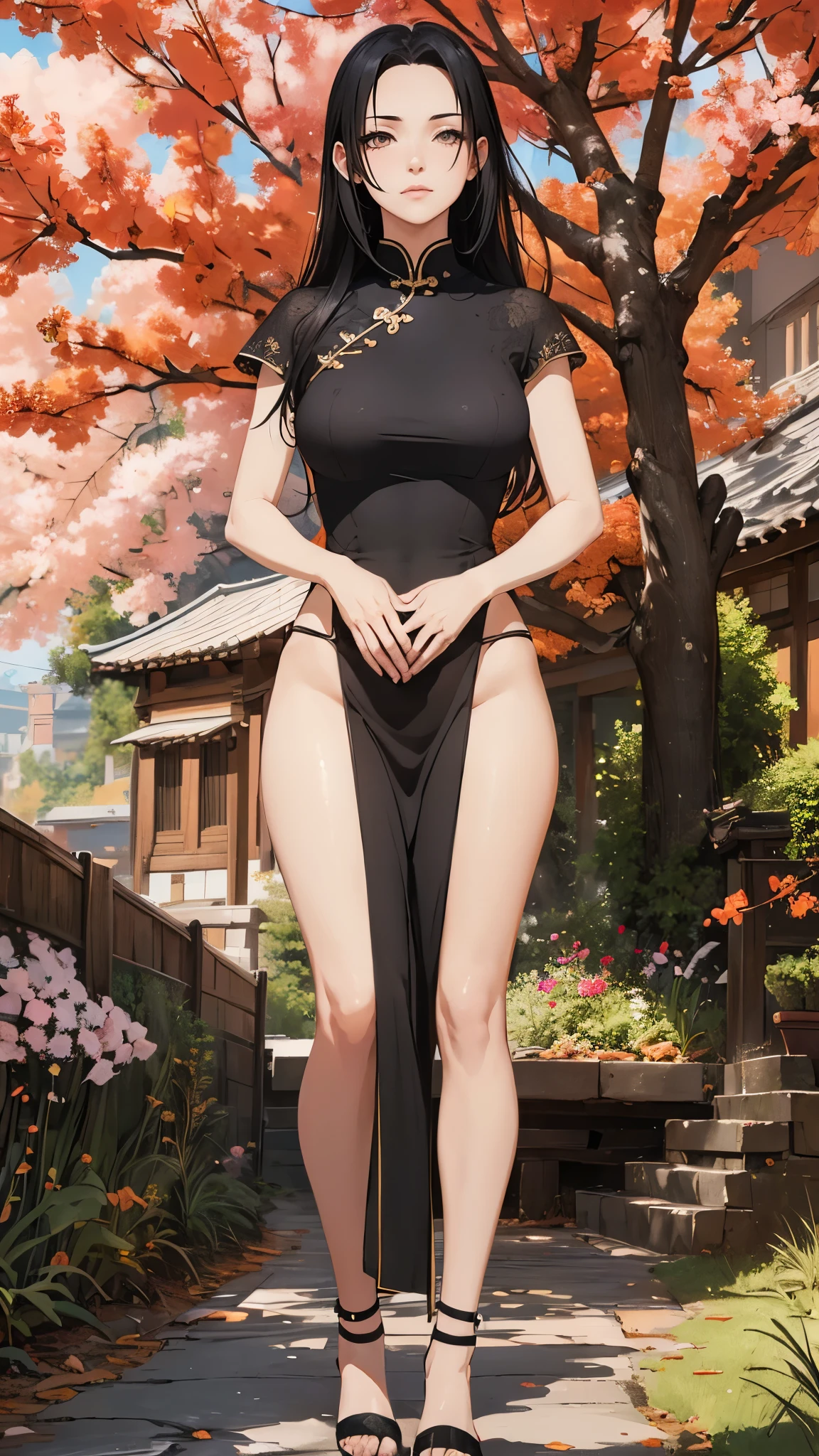 ((1girl, solo)), mikoto uchiha, large breasts, beautiful body, (perfect anatomy, perfect body, perfect hands, perfect legs), nice hands, natural proportions, sexy body, standing, own hands together BREAK

((extremely detailed face)), black eyes, (beautiful detailed eyes:1.6), (realistic pupils, realistic iris:1), expressive eyes, looking at viewer, (clear eyes:1.3), (hyperrealistic:1.2), (detailed skin texture:1.2), smooth skin, (black hair:1.5), parted bangs, sidelocks, long hair, (detailed lips:1.2), (attractive lips:1.1), (glossy lips:1.1), smile, perfect face, perfect eyes BREAK

china dress, black dress, chinese clothes, cheongsam, side slits cheongsam, short sleeves, thighs, black footwear, high heels BREAK

(masterpiece:1.5), anime-style, top quality, best quality, (beautiful and aesthetic:1.2), (ultra detail:1.5), Ultra-detailed depiction, Ultra-precise depiction, extremely detailed 8k illustration, high resolution, (highly detailed shading:1.2), (realistic lighting:1.4), perfect lighting, vibrant colors, dynamic tones, striking hues, 8k, absurd resolution, perfect shadows, hdr, UHD, ambient lighting, realistic, ultra-realistic, photo realistic, highly detailed, rich detail, luminous colors, fine texture, intricate design, professional illustration, (soft light:1.2), (illustration:0.7)