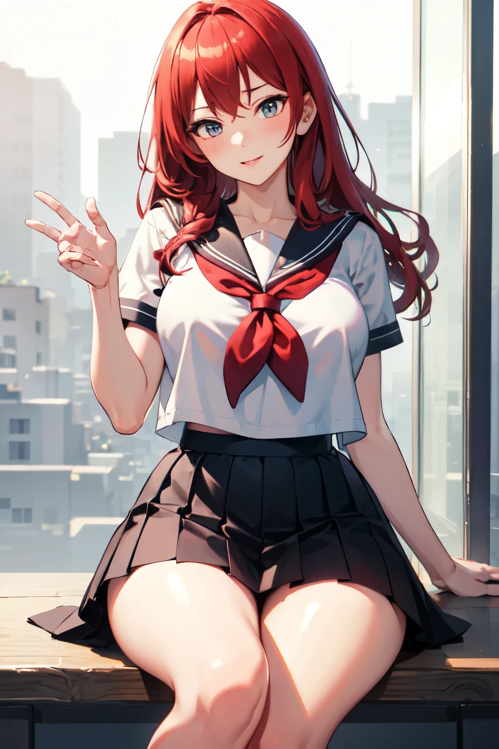 1girl, solo, red eyes, red hair, eye patch, shirt, hair ornament, skirt, black legwear, shoes, looking at viewer, classroom, sitting <lora:Arashi Nikaidou V2:0.4> Arashi Nikaidou, beautiful, (masterpiece:1.2), (best quality:1.2), perfect eyes, perfect face,