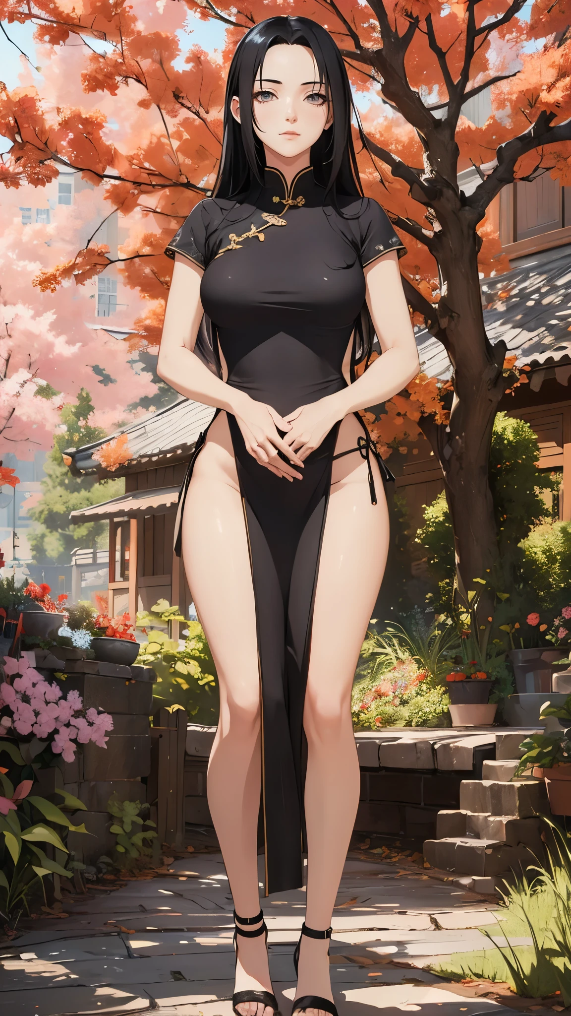 ((1girl, solo)), mikoto uchiha, large breasts, beautiful body, (perfect anatomy, perfect body, perfect hands, perfect legs), nice hands, natural proportions, sexy body, standing, own hands together BREAK
((extremely detailed face)), black eyes, (beautiful detailed eyes:1.6), (realistic pupils, realistic iris:1), expressive eyes, looking at viewer, (clear eyes:1.3), (hyperrealistic:1.2), (detailed skin texture:1.2), smooth skin, (black hair:1.5), parted bangs, sidelocks, long hair, (detailed lips:1.2), (attractive lips:1.1), (glossy lips:1.1), smile, perfect face, perfect eyes BREAK
china dress, black dress, chinese clothes, cheongsam, side slits cheongsam, short sleeves, thighs, black footwear, high heels BREAK
(masterpiece:1.5), anime-style, top quality, best quality, (beautiful and aesthetic:1.2), (ultra detail:1.5), Ultra-detailed depiction, Ultra-precise depiction, extremely detailed 8k illustration, high resolution, (highly detailed shading:1.2), (realistic lighting:1.4), perfect lighting, vibrant colors, dynamic tones, striking hues, 8k, absurd resolution, perfect shadows, hdr, UHD, ambient lighting, realistic, ultra-realistic, photo realistic, highly detailed, rich detail, luminous colors, fine texture, intricate design, professional illustration, (soft light:1.2), (illustration:0.7)