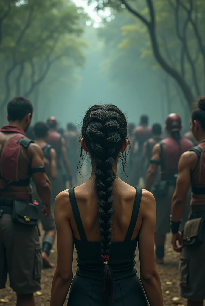 Aubrey Plaza (dungeon explorer outfit, whip on hip, pistol on hip, hair in pony tail, heavy boots) is examining the glyphs on a Buddha Statue. vine infested ancient temple
