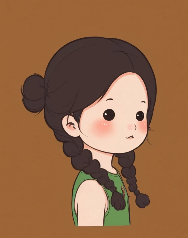 chibi face avatar, a Vietnamese girl, three quarter view face, portrait, braid hair, 3/4 view face. Corner view of face 