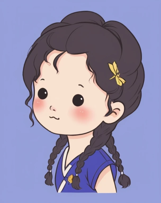 chibi face avatar, a Vietnamese girl, three quarter view face, portrait, braid hair, 3/4 view face. Corner view of face 