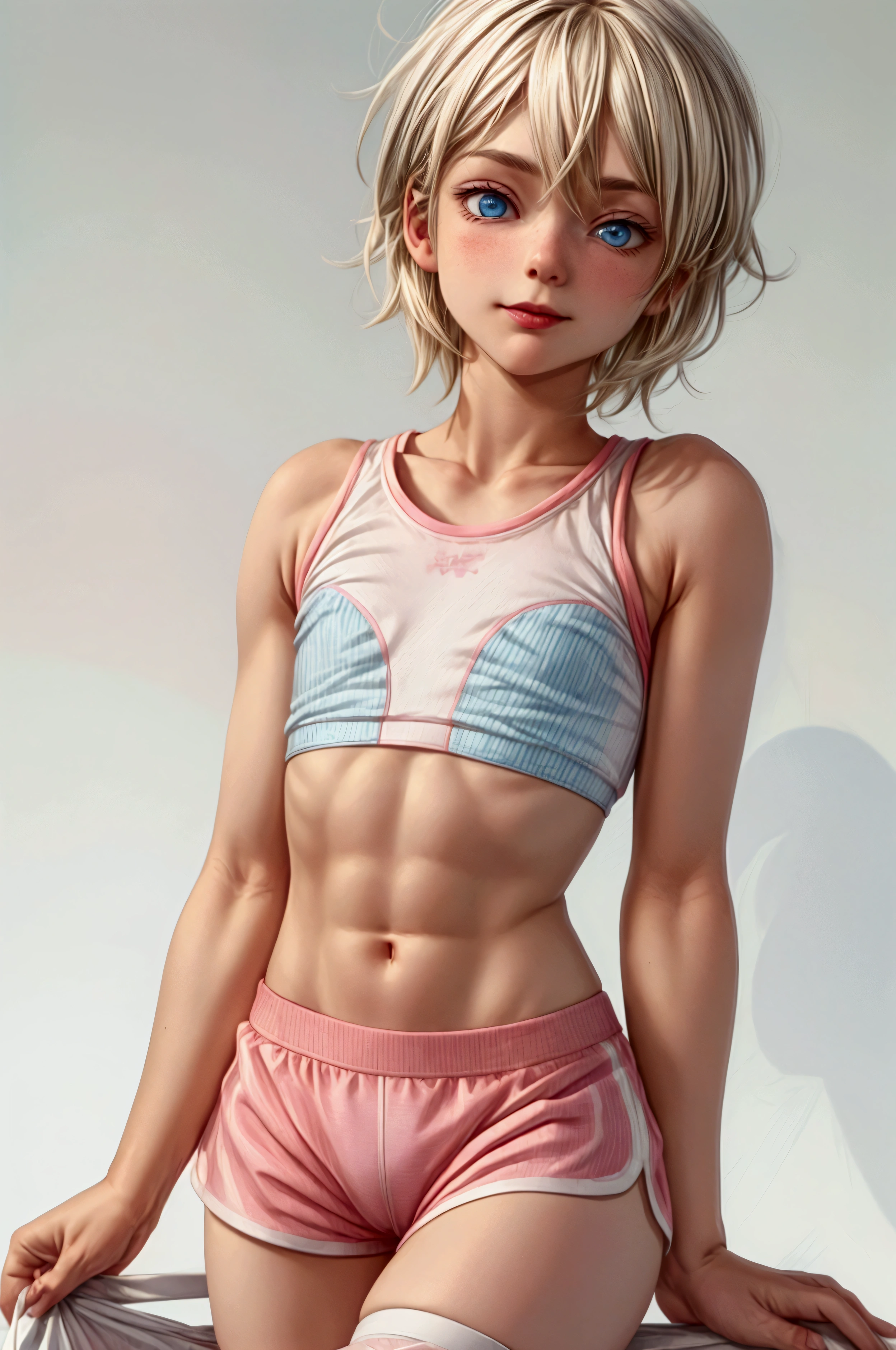 Anime style, Highres, Masterpiece, Best quality at best, Best Quality, hight quality, hight detailed, 1boy, blonde boy, perfect boy body, cute boy, detailed light blue eyes, short hair, messy hair, bangs, pastel rainbow inner hair color mesh, shy smile, wears a tight pink mini sports top white stripes, boy chest, bare shoulders, bare sleeves, bare arms, Pink mini sports shorts white stripes, (tiny bulge on shorts), beautiful legs, white stockings over knee, white sports shoes with pink stripes, boy body, Standing, sunny afternoon on a sports arena, highest quality,