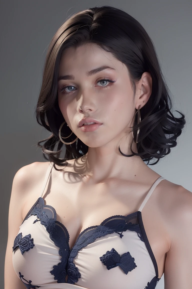 A woman with medium, slightly wavy brown hair pulled back, displaying a composed expression. She has well-defined eyebrows, light makeup, and full lips. She is wearing a navy-blue top with white, intricate key-like patterns and a white collar, standing against a light background. Her gaze is calm and serious, exuding confidence and elegance.