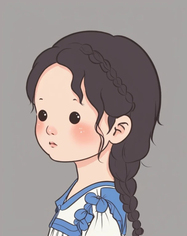 chibi face avatar, a Vietnamese girl, three quarter view face, portrait, braid hair, 3/4 view face. Corner view of face 