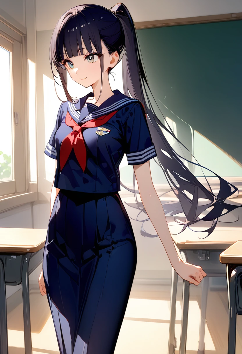 ((masterpiece,best quality anime:1.3,Best Quality)),cowboy shot,1woman,Alone,(young adult),(ponytail),long straight hair,blunt bangs,black hair,((very small head:1.2)),gray eyes,gorgeous eyes,smile,small breasts,((very long body:1.3)),(Navy blue pleated mini skirt),(School制服、Navy blue sailor suit、Short sleeve、Red neckerchief,Navy blue sailor collar),slender body,skinny,gleaming skin,standing,classroom、School、