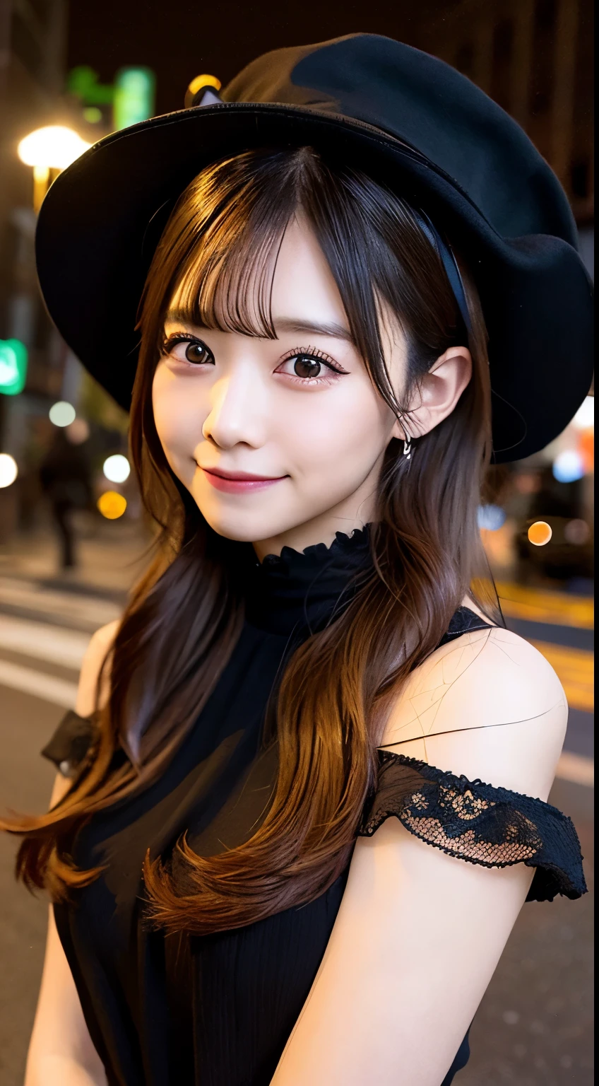 high quality, 最high quality, masterpiece, Very fine、beautifully、detailed, Professional photos, Proper Lighting,
Very beautiful girl, Beautiful Face, Face Tattoos,
Halloween Costumes, Black short dress, Black witch hat, Orange Accessories,
smile, Laughter, Blushed, (thin, Pale skin,:0.8)
Very straight medium hair with single blades,
(Bokeh, Dynamic Angle, city, on the road, Midnight, Shibuya Ward,:0.8)