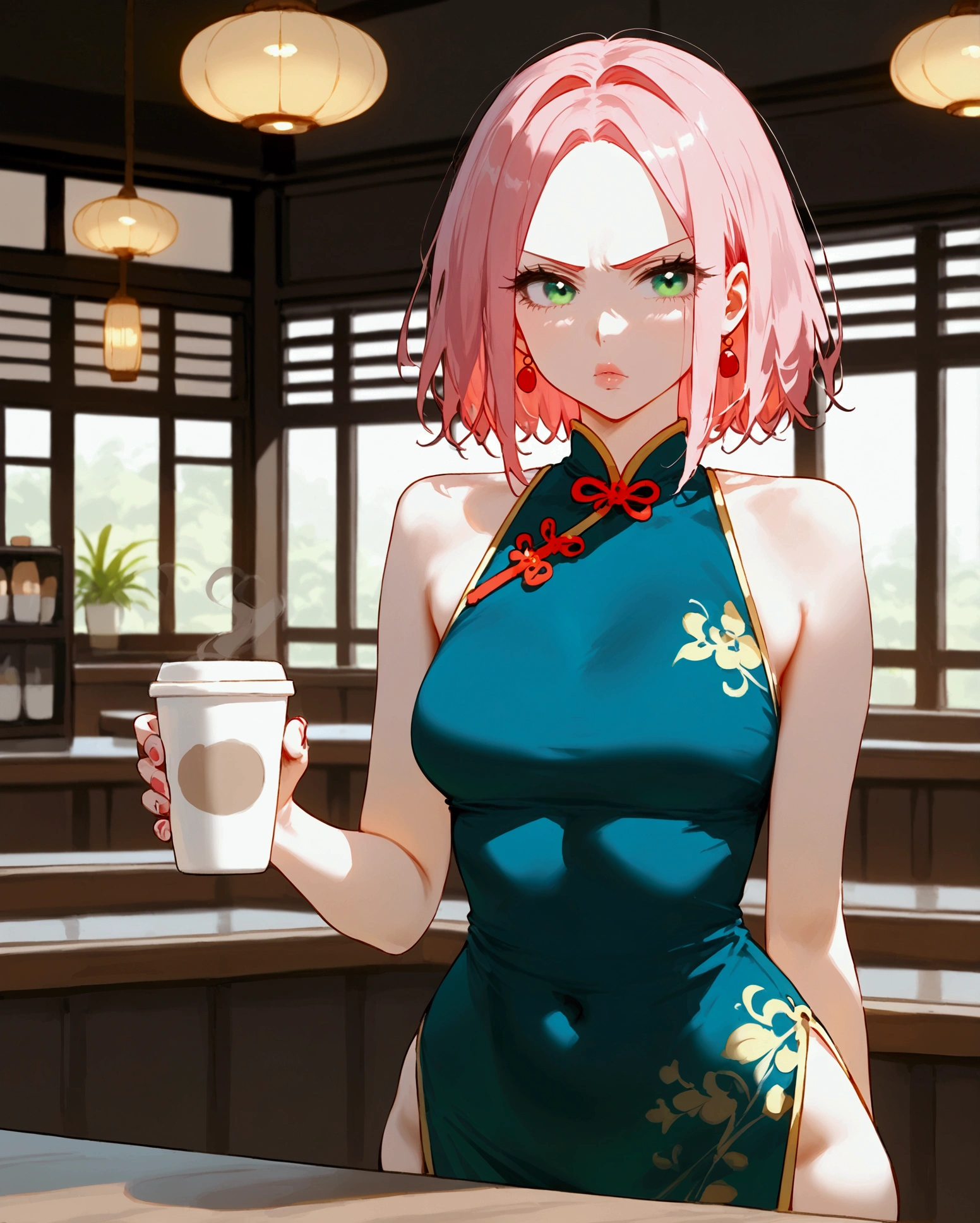 Haruno Sakura.short pale pink hair, large light green eyes, a large forehead, thin lips, small saggy breasts and very fair skin. huge hips. A disdainfully angry expression on his face. choker. china dress. cafe. a cup of coffee and croissants. 
