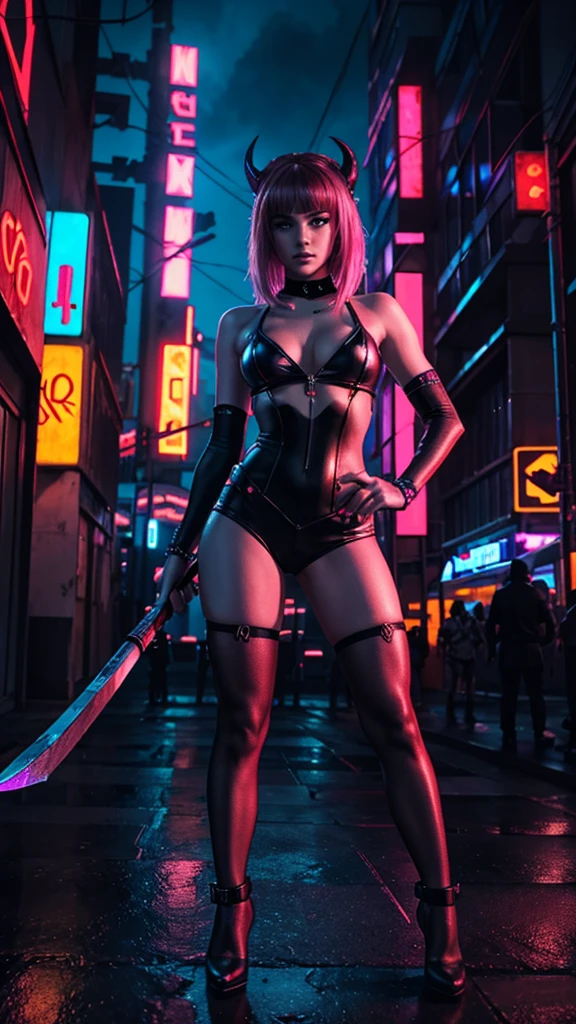 a girl with purple short hair, purple eyes, white skin, purple lips, pink leather pants, black leather jacket, black leather boots, standing in the street with cyberpunk art style, cyberpunk 20 years. o model girl, hyperrealistic cyberpunk style, cyberpunk mood, cyberpunk beautiful girl, cyberpunk art ultrarealistic 8k, female cyberpunk anime girl, motion blur in cyberpunk fantasy city background, cyberpunk fantasy