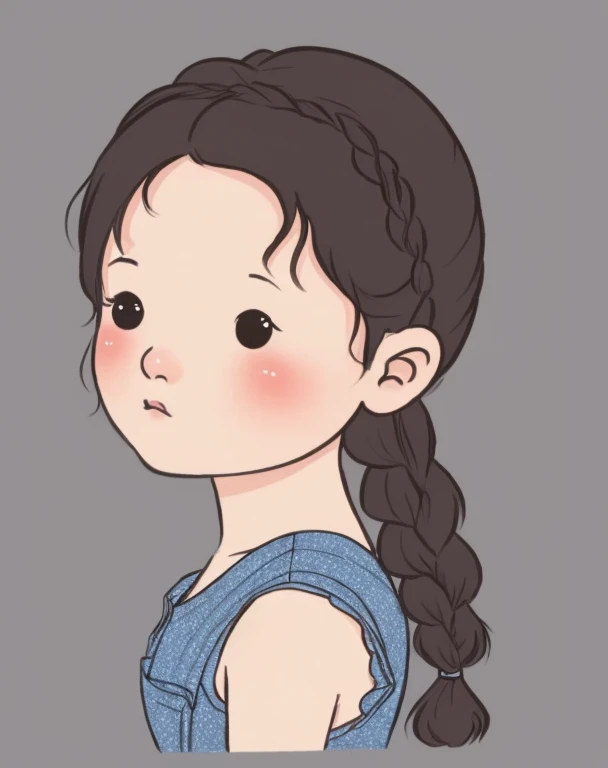 chibi face avatar, a Vietnamese girl, three quarter view face, portrait, braid hair, 3/4 view face. Corner view of face 