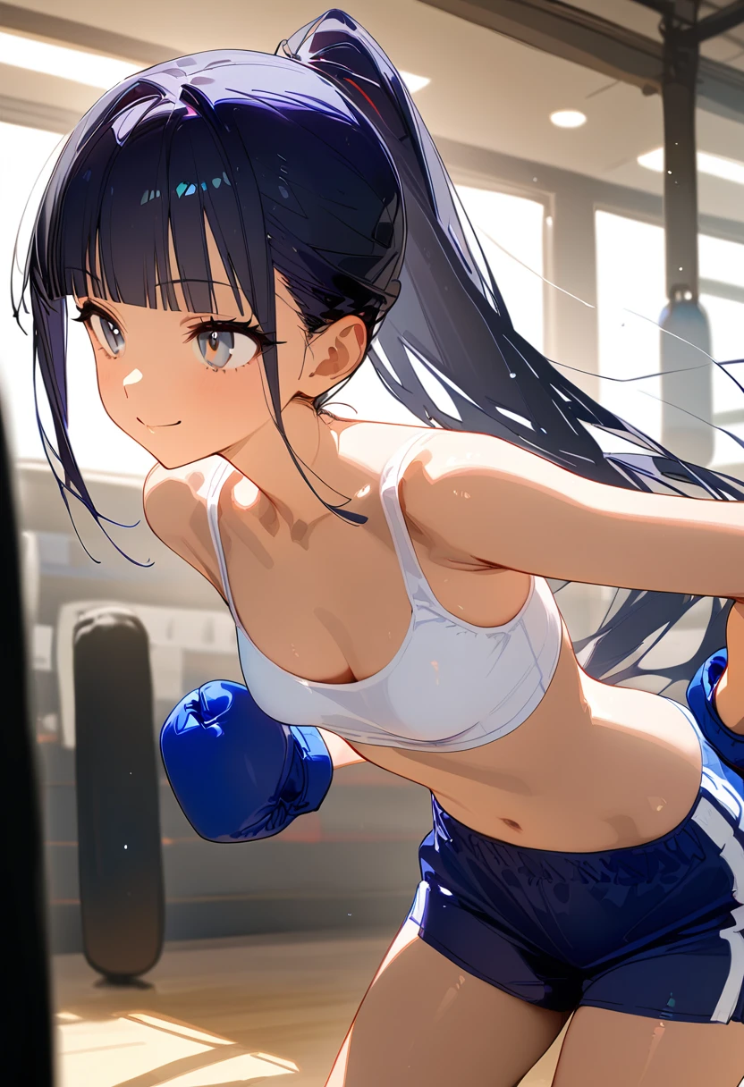 ((masterpiece,best quality anime:1.3,Best Quality)),cowboy shot,portrait,1woman,( adult),(ponytail),long straight hair,blunt bangs,black hair,((very small head:1.3)),gray eyes,gorgeous eyes,smile,small breasts,((very long body:1.3)),(White sports bra、Navy blue boxer trunks、boxing blue gloves),slender body,skinny,gleaming skin,tan skin,standing,boxing gym、