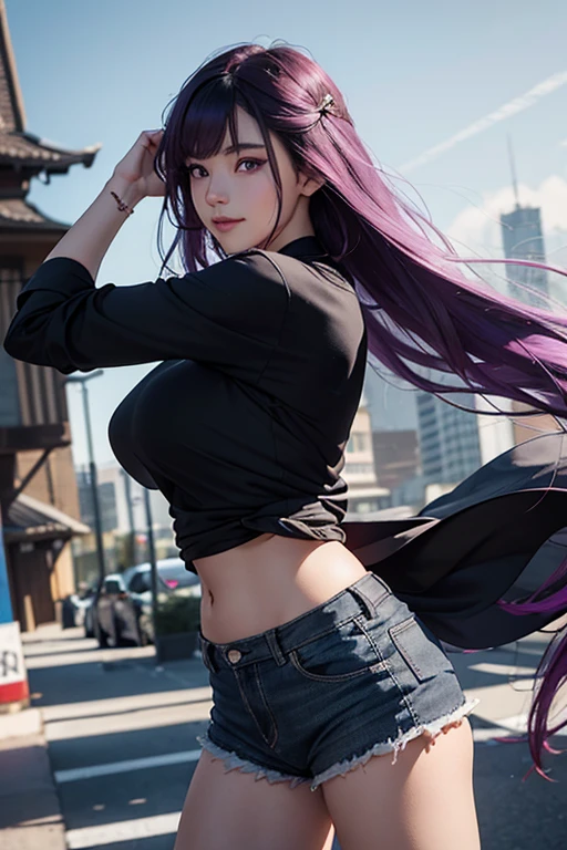 sfw, Girl with long purple hair, Slim, bike shorts, seen from behind, wearing bra,((skinny waist)), young asian girl, ((big breasted)),